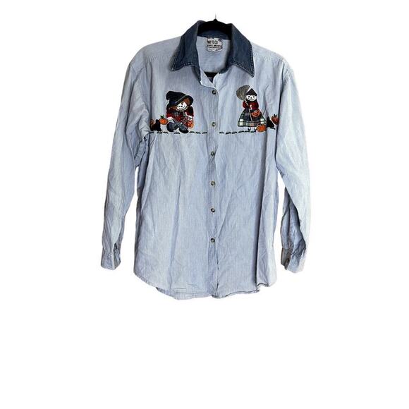 Vintage women's size medium shirt button down Halloween  lue white pinstripe - Picture 1 of 10